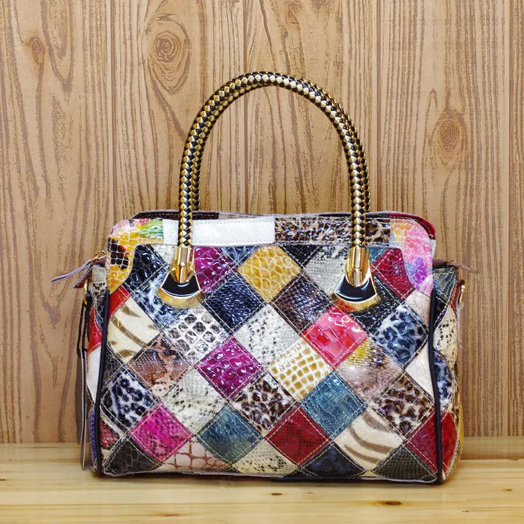 2021 Real Leather Colorful Shiny Snake Pattern Plaid Handbag Multi-color Random Stitching Shoulder Shoulder Bag Tote bag 496