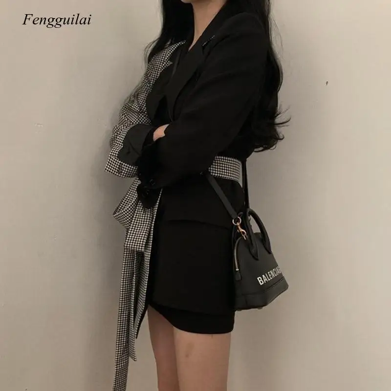 New Style Autumn Design Split Joint Lattice Irregular Blazers Chalaza High Waist Long Fund Loose Coat Woman