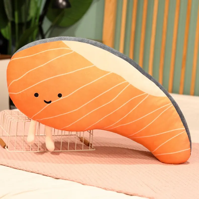 Almohada de peluche con diseño de filetes de salmón para niñas, juguete de almohada de felpa con diseño japonés, cojín de comida de dibujos animados, regalo de Navidad