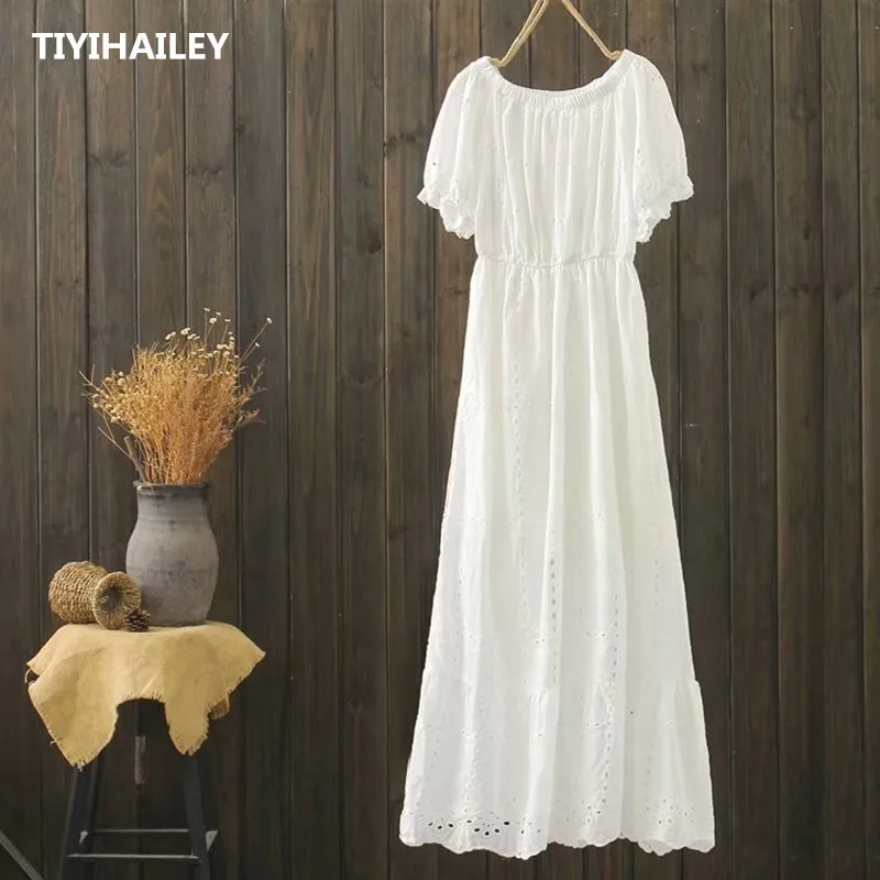 Tiyihailey vestido de algodão bordado fashion, peça única, comprimento meio da panturrilha, branco, rosa, azul, vestidos com ombro de fora, frete grátis