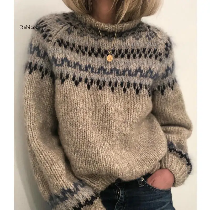 Pull en tricot à manches longues pour femme, col rond, chaud, coupe ample, décontracté, streetwear, automne hiver