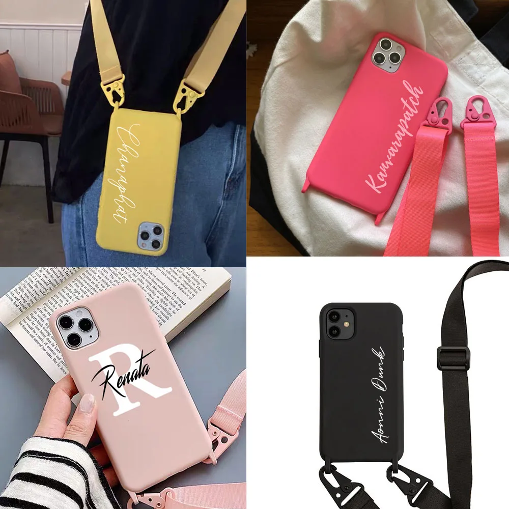 Tùy Chỉnh Tên Logo Hình Ốp Lưng TPU Với Sling Cho Iphone13 12 11 Pro Max 7 8 6 6S 6S Plus X XR XSMax Bao Da Dây Đeo Vai Mềm Mại Trường Hợp