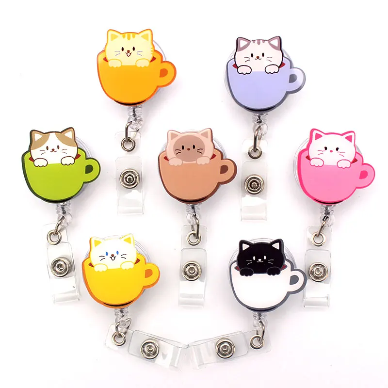 Cute The Cat In Cup Style Retractable Card Holder Badge Reel Nurse Exhibition Enfermera Girl And Boy Name Card