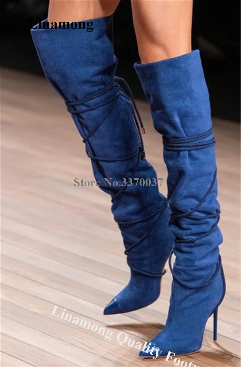 Linamong Newest Fashion Pointed Toe Suede Leather Over Knee Stiletto Heel Gladiator Boots Blue Strap Cross Long High Heel Boots