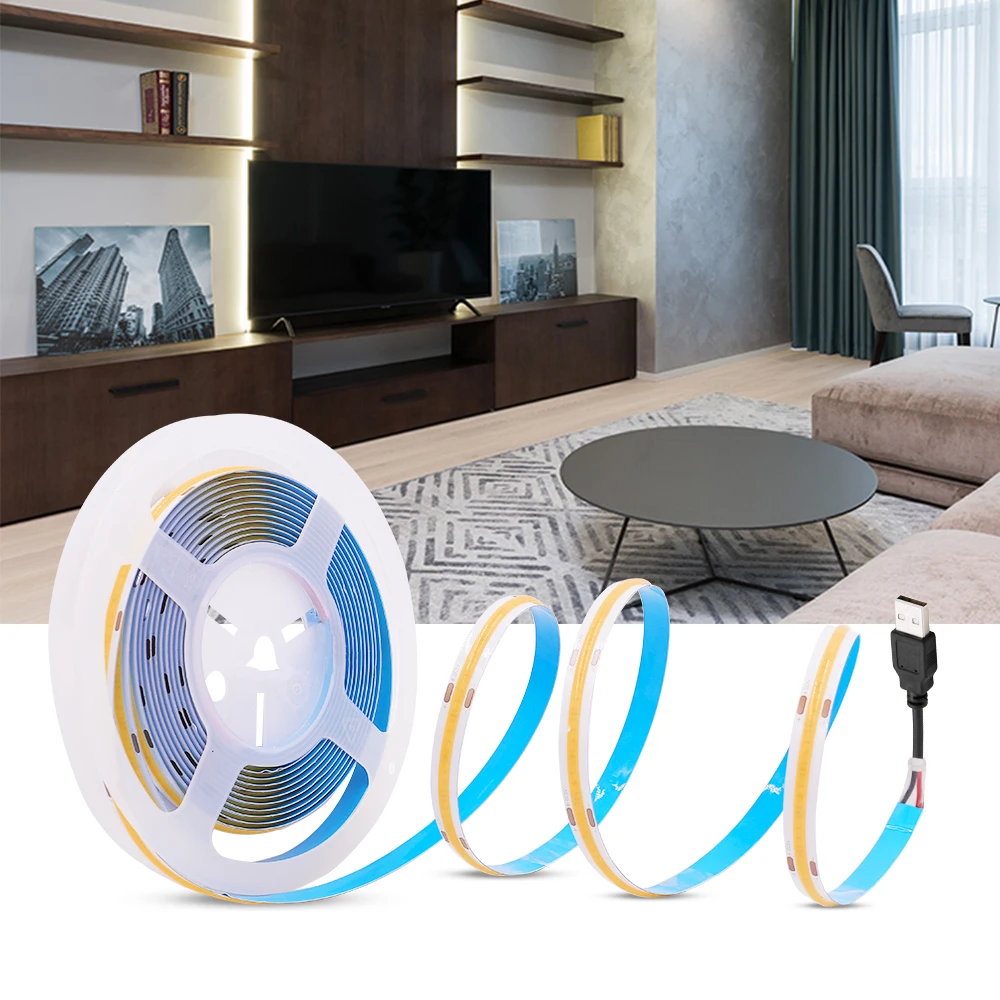 DC5V FCOB LED Strip Lights 320Leds/m USB High Density RA90 Flexible Tape Rope Diode Soft COB Ribbon Lamp With EU US Plug