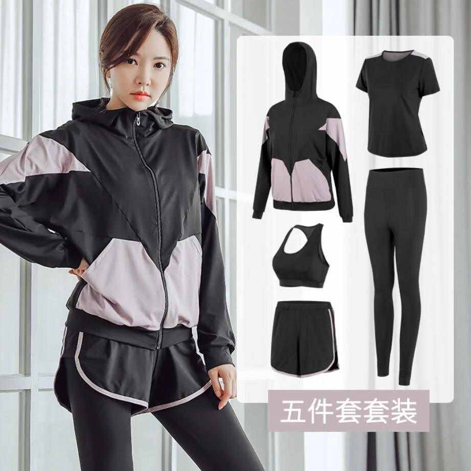 Sporty na świeżym powietrzu do biegania 5-częściowy zestaw damski profesjonalny strój do jogi szybkoschnący Fitness odzież na siłownię płaszcze + T-shirt + stanik + spodenki + spodnie