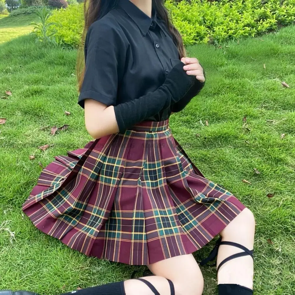 [Black Hawthorn] JK School Uniform Red Plaid Skirts For Girls Short/Long High Waist Pleated Skirts Women Dress Students Clothes