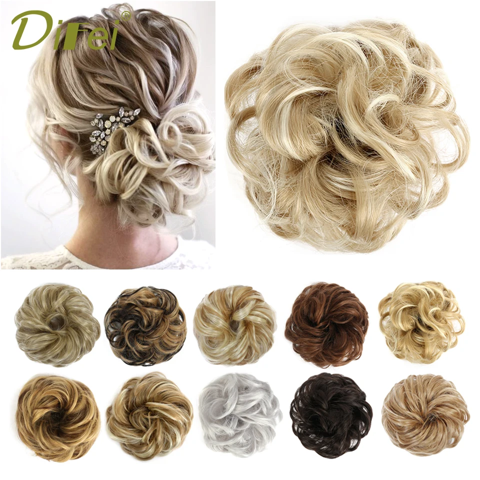 DIFEI Curly Scrunchie Chignon z gumką brązowy różowy syntetyczny gumka do włosów Wrap na roztrzepany kok kucyki proste włosy