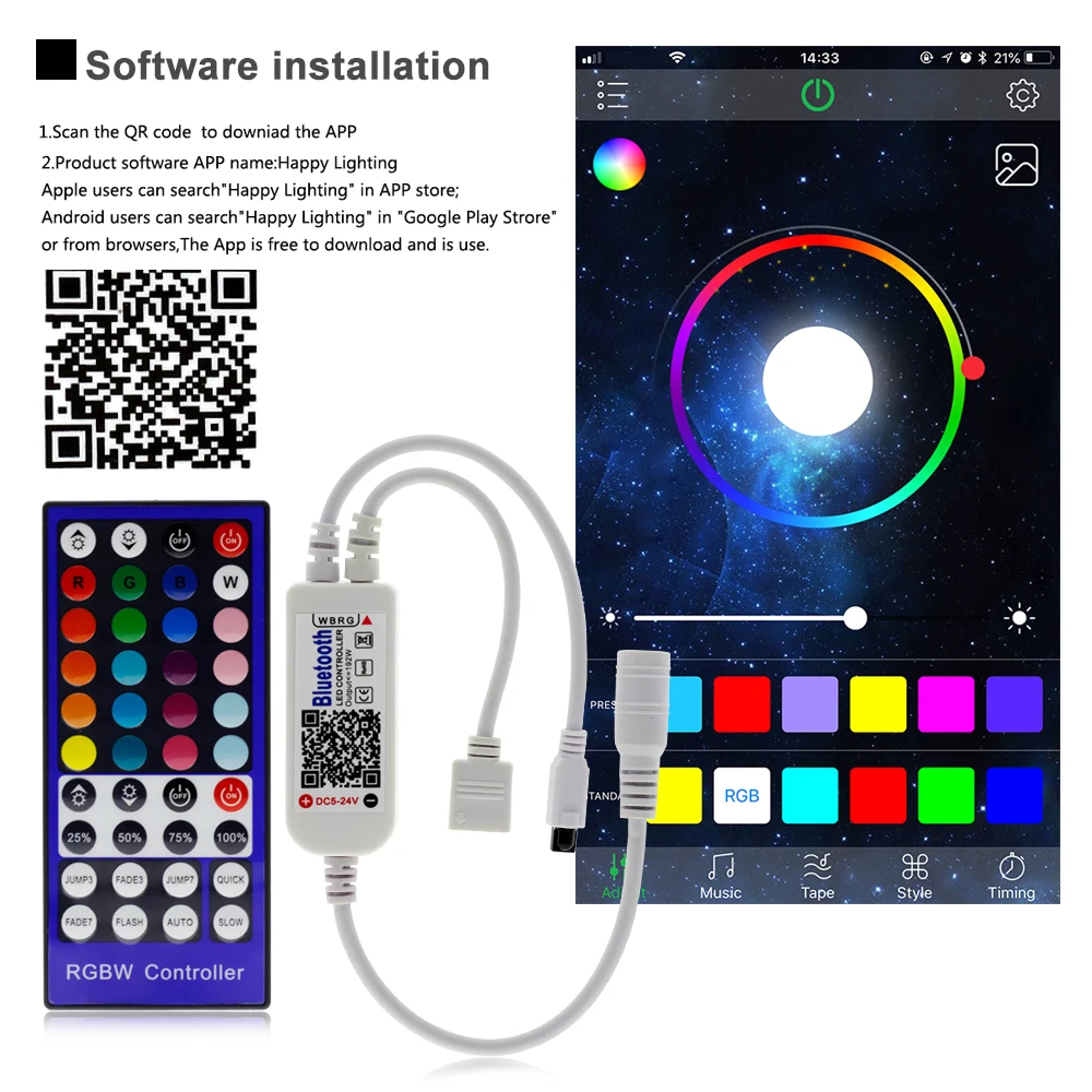 RGBW LED Controller DC12V 40Key IR Remote Control / Bluetooth Control for RGBW or RGBWW LED Strip Lights.