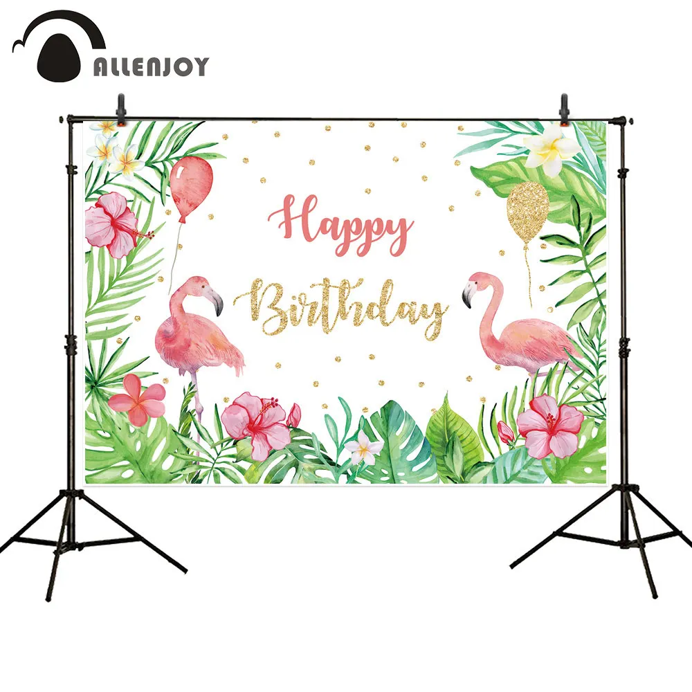 Allenjoyฤดูร้อนพื้นหลังHappyวันเกิดTropical Leavesดอกไม้Flamingoลายเส้นพื้นหลังเด็กงานปาร์ตี้Photozoneแบนเนอร์