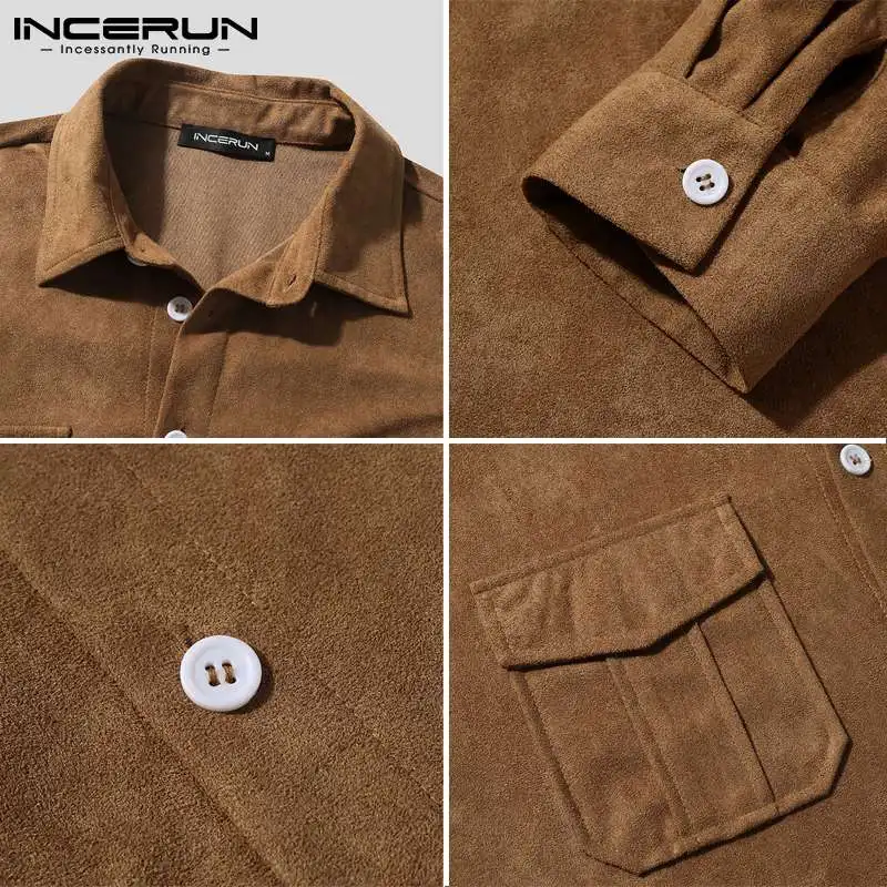 INCERUN Casual Men\'s Mid-length Suede Loose Shirts Tops 2022 Autumn Hot Sale Winter Vintage Lapel Collar Button Up Blouse S-5XL