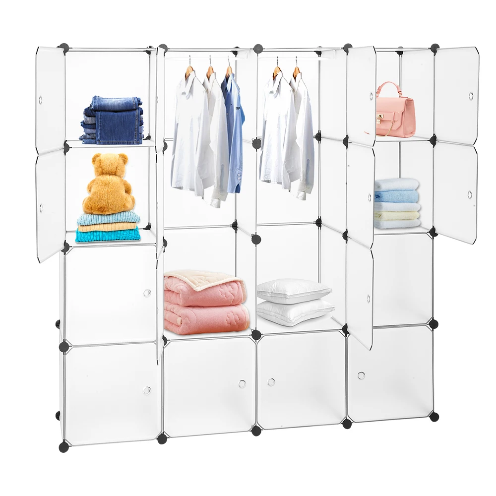 DIY Modular Closet Bookcase Organizer Plastic Cabinet 16 Cubes Wardrobe Cubby Shelving Storage Drawer Unit System with Doors