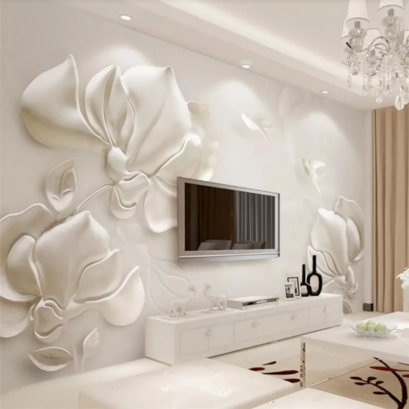 

wellyu Custom large mural fashion home improvement gypsum embossed magnolia bird white 3d stereo TV background wall