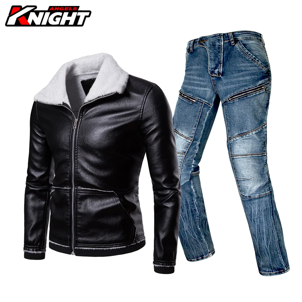 

Leather Jacket Men Motorcycle Winter Autumn Motocross Biker Motorbike Leather Coats Casual Moto PU Leather Jacket Pants Suit