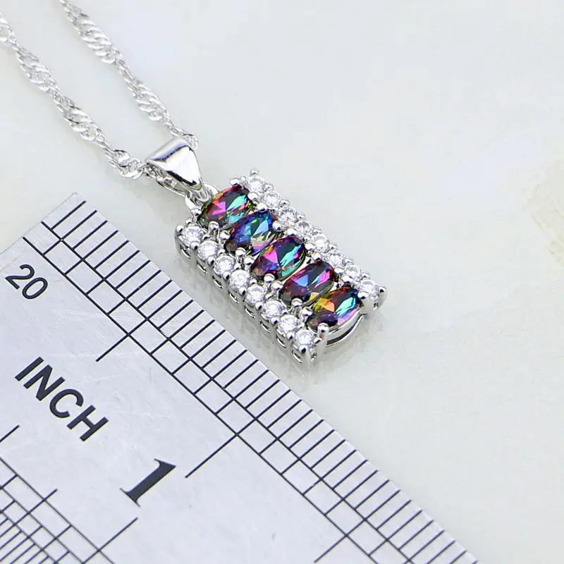 Trendy Mystic Rainbow Fire White Birthstone Charms 925 Silver Jewelry Sets For Women Wedding Stud Earrings/Necklace/Pendant/Ring