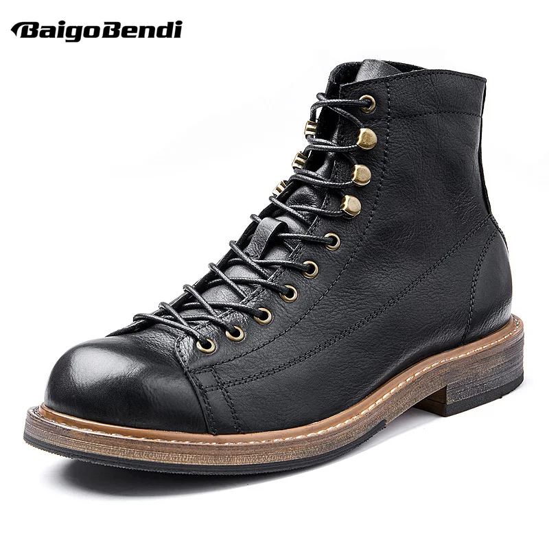 Retro Big Round Toe Men's Work Boots British Style Cool Leather Lace Up Man Autumn Winter Casual Shoes