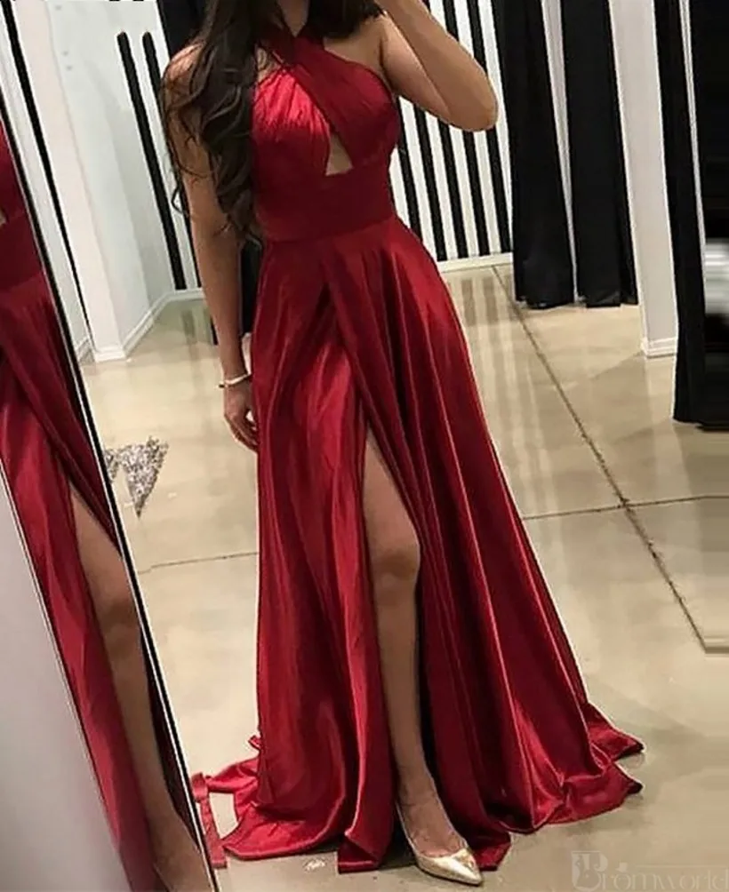 Red Halter Neck Satin Lange Abend Party Kleid Dubai Hohe Slit Sexy Backless Prom Formales Kleid Robe De Soiree Vestidos