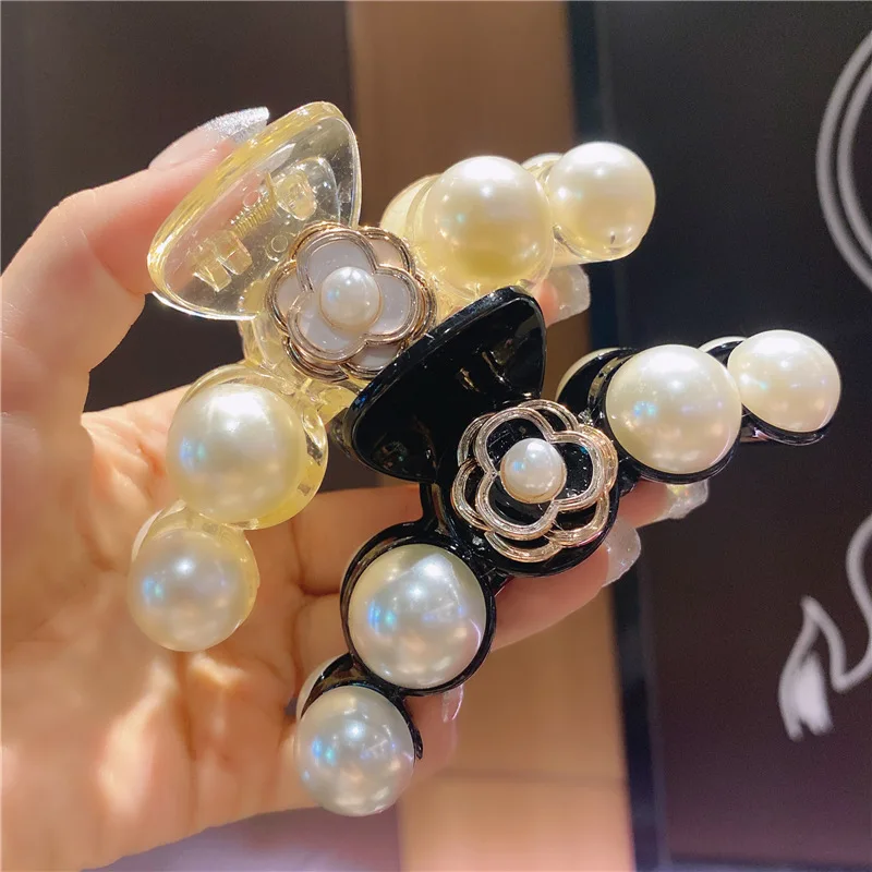 2024 New Korean Acrylic Pearl Hair Clamps Headdress Fashion Elegant Camellia Pearl Crown Hair Accessories Hair Crabs Wholesale image 6