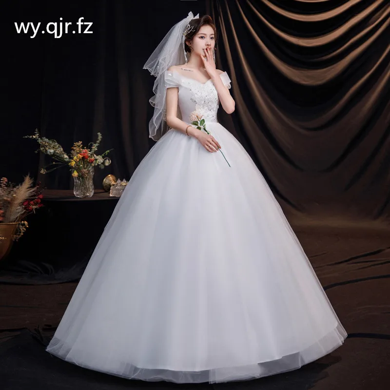 

DM-2103#Bride's Wedding Dress Resin Drill White Ball Gown Boat Neck Cheap Wholesale Flower ornaments Organza with Embroidery