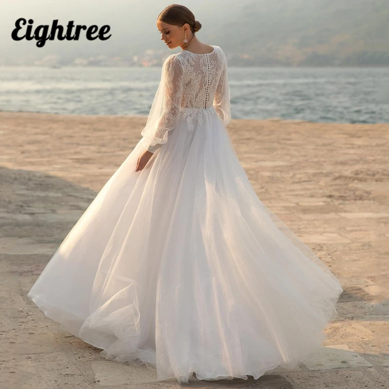 Eightree White Wedding Dresses V-neck Appliques Bridal Dress Elegant Puff Sleeve Tulle A-Line Princess Wedding Gowns Plus Size