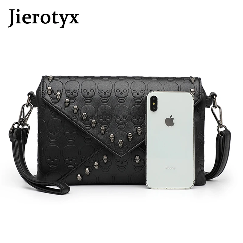 JIEROTYX Women's Fashion Tote Skull Prints And Skull-Shaped Rivets Messenger Travel Crossbody Femininas Black Punk Handbags