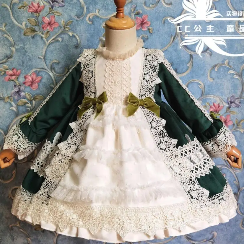 Autumn Winter Spain Children lace stitching velvet lolita dress Warm baby girl Long Sleeve  gown Dress