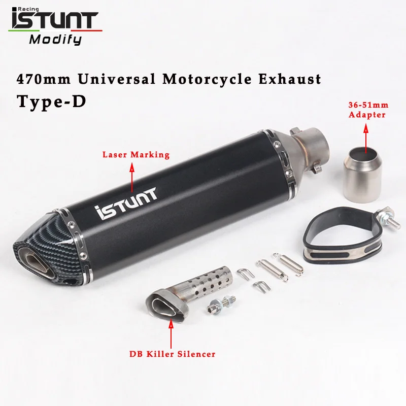 ISTUNT 470mm Universal Motorcycle Exhaust Escape Modified Muffler Pipe with Removable DB Killer For Z250 MT03 FZ6 F800GS TMAX530