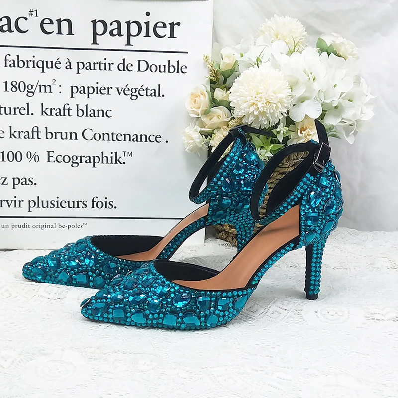 Teal Blue Women wedding shoes Woman Summer Sandals crystal ankle strap shoes woman Fashion Pointed toe High shoes Buckle Sandals