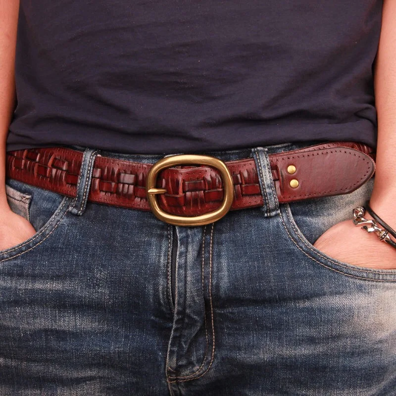 Vintage Luxury Handmade Leather Weave Copper Buckle Men\'s Belt Cowhide Retro All-match Casual Jeans Soft Belt