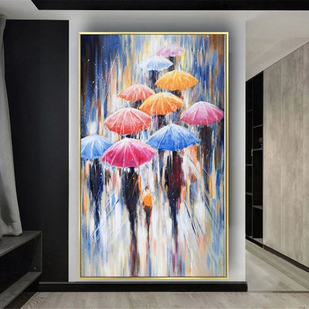 Handmade Streetscape Oil Painting Abstract Rainy Street Scene And Colorful Umbrellas Crowd Wall Art Picture Decor Living Room