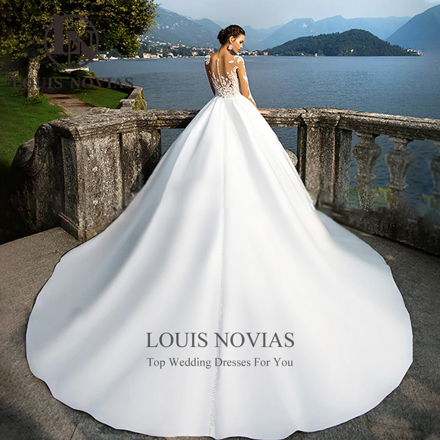 LOUIS NOVIAS 여성용 긴팔 웨딩 드레스, 섹시한 새틴 공주 신부 가운, 연인 아플리케, A 라인 베스티도 드 노비아