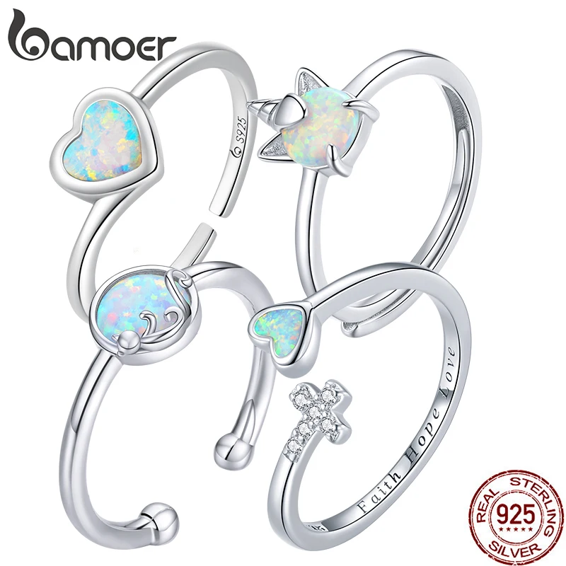 BAMOER Cute 925 Sterling Silver Heart-shaped Opal Ring Open Ring Love Adjustable Ring for Women Couple Mix Party Jewelry