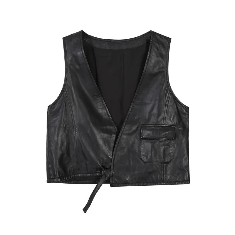 Casual Waistcoat Women V Neck Genuine Leather Jacket Vest Loose Belt Female Tank Sleeveless Outerwear Coats Real Sheepskin Vests