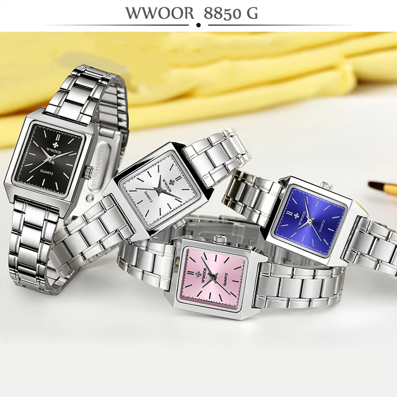 Wwoor Dames Armband Horloges 2024 Blauw Vierkant Horloge Dames Roestvrij Staal Waterdichte Elegante Quartz Polshorlojes Relojes Mujer