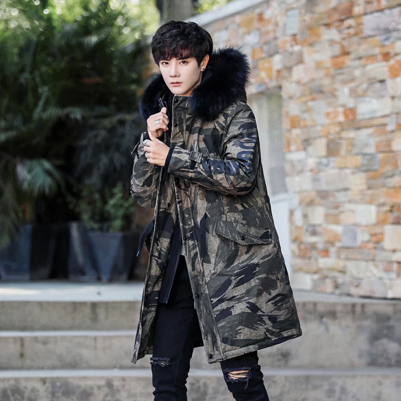 

2020 New Winter Duck Down Jacket Men Camouflage Long Down Coat Raccoon Fur Collar Warm Men's Down Jackets 19001 KJ3446