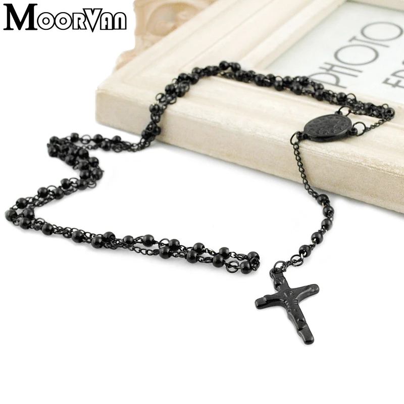 Moorvan 65cm long necklace women stainless steel necklace rosary religious beads jewelry with pray cross mens VRN24