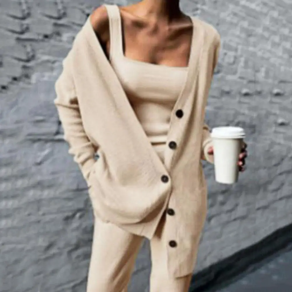 2021 Women Three Pices Set Autumn Winter Knitted Solid Cardigan Tops Tank Top And Casual Loose Long Pants Female Suit Tracksuit