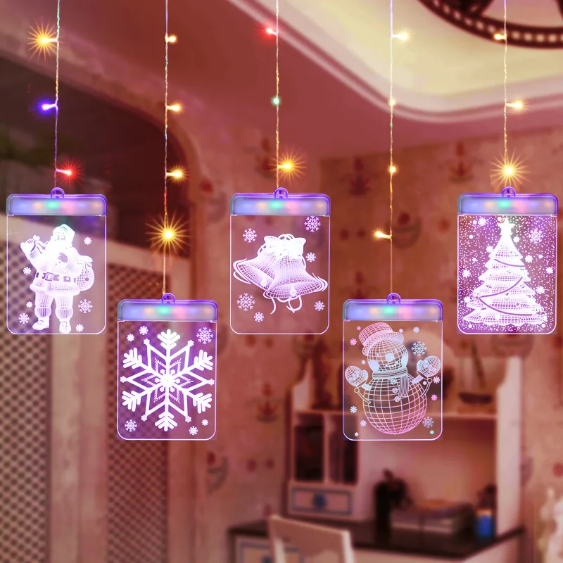 LED Christmas String Lights Romantic 3D Pendant Curtain Fairy Lights Christmas Theme Party Decoration Bell Snowflake Xmas Tree