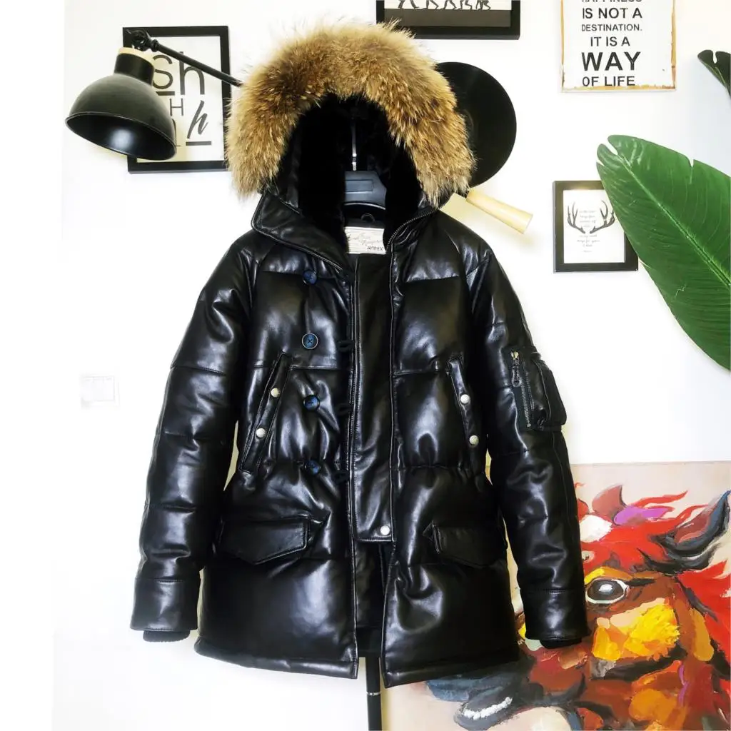 

This is a huge thick incomparably huge raccoon fur collars sheep skin N3B long duck down 100% genuine leather jacket