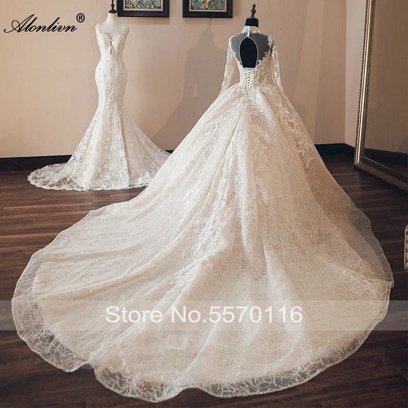 Alonlivn brilhante renda gola alta vestidos de casamento mangas compridas miçangas cristais apliques vestido de baile vestido de noiva personalizar