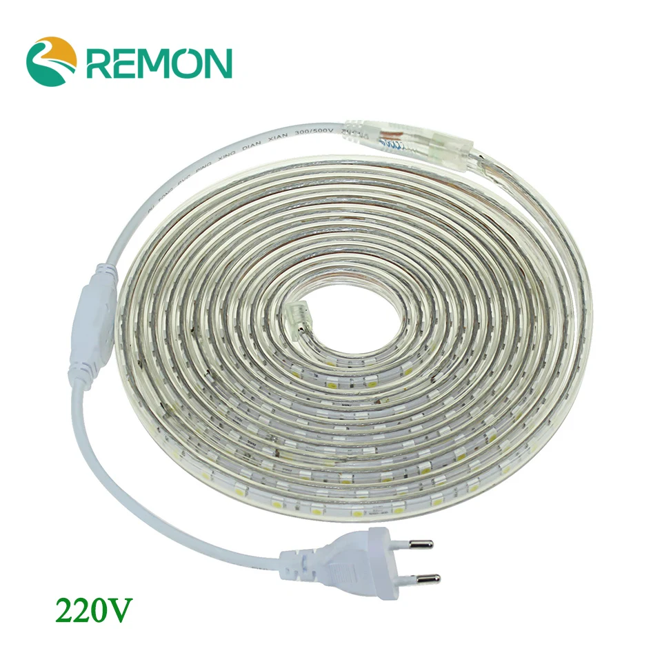 Luz de tira conduzida 5050 220v impermeável conduziu a tira flexível 60 leds/metro iluminação do jardim ao ar livre com tomada da ue 1m/2m/5m/10m/20