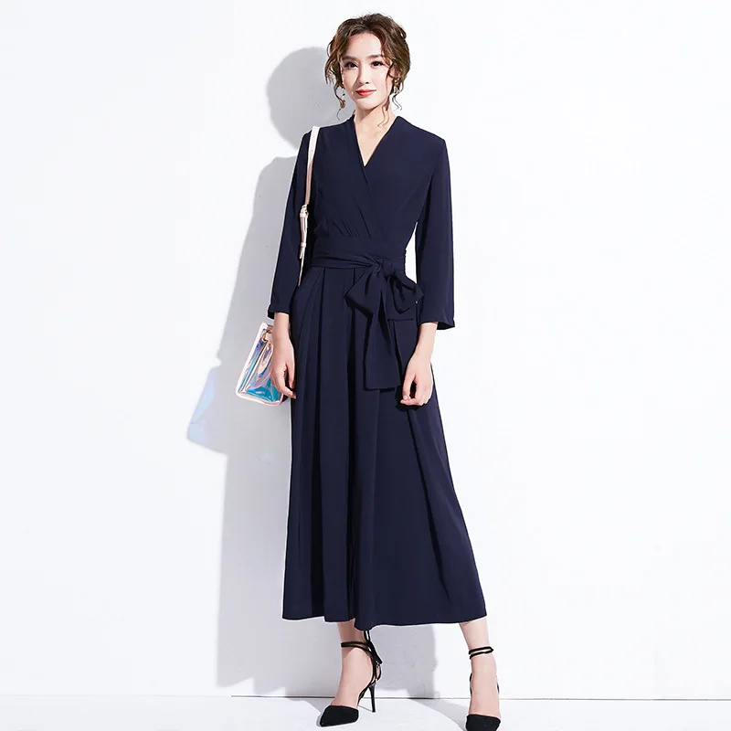 Jumpsuits For Women 2019 Autumn Korean Office Lady Elegant Chiffon Ol V Neck Long Sleeve Wide Leg Overalls Black DD2366