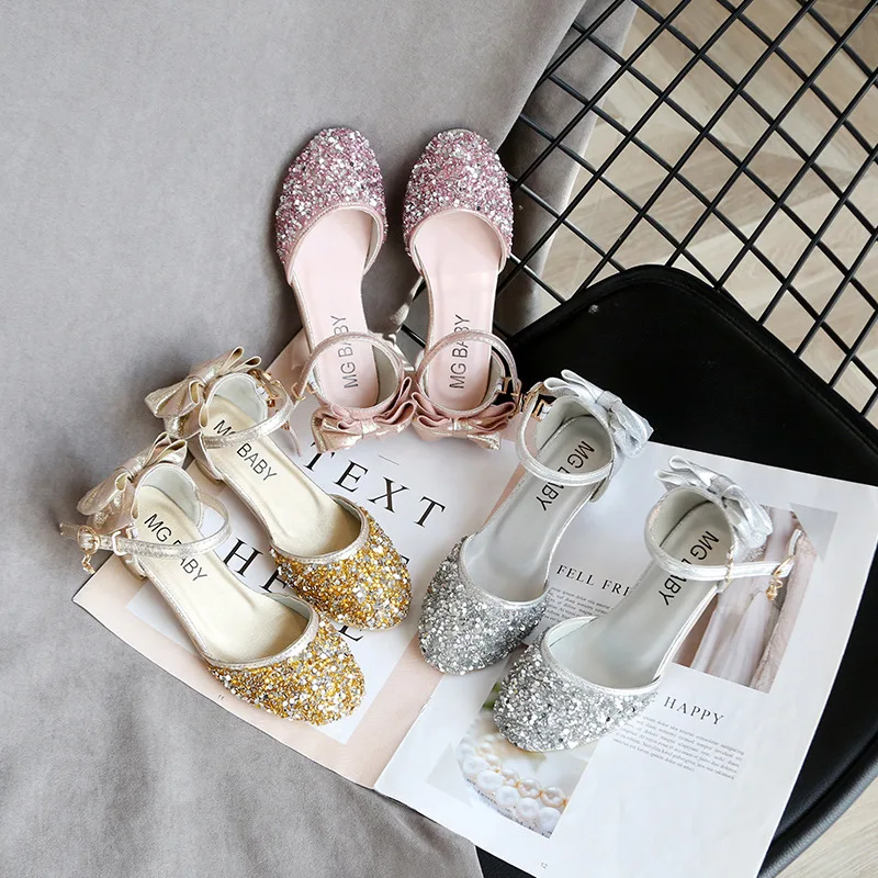 Girls Sequin Shoes Princess Gold Pink Silver Kids 2023 New Summer Glitter Holiday Shoes Wedding Birthday Party Formal B859