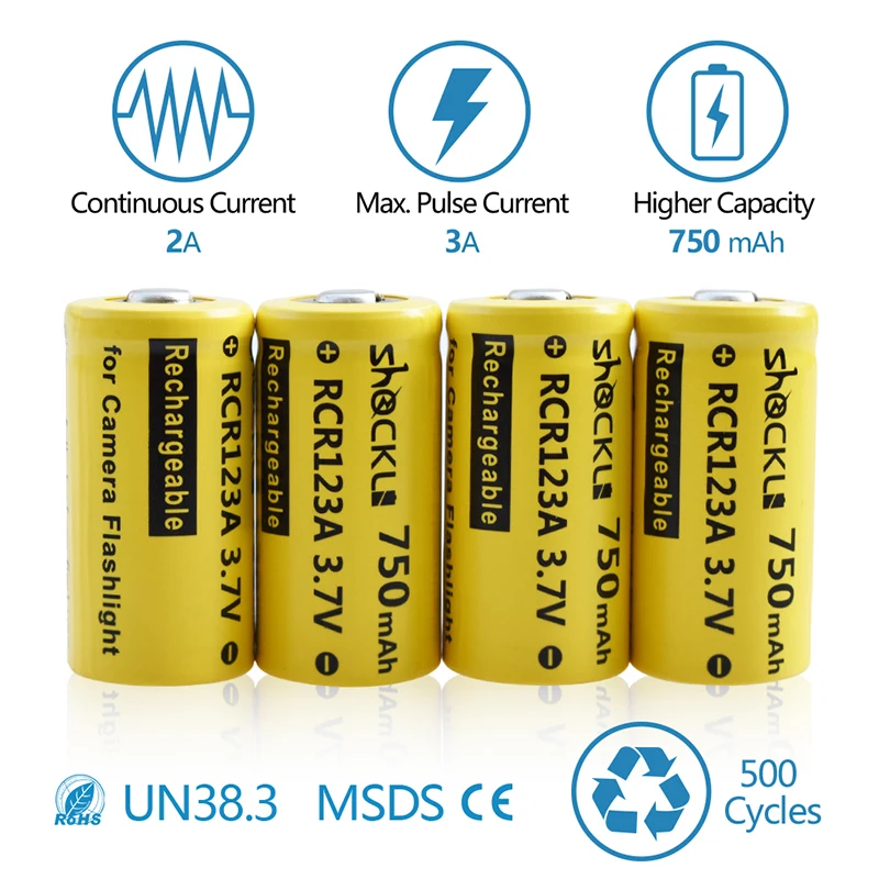 Shockli RCR 123 16340 750mAh 3.7V Li-ion Rechargeable Battery Lithium Batteries for  Arlo HD Camera , flashlights, laser pen