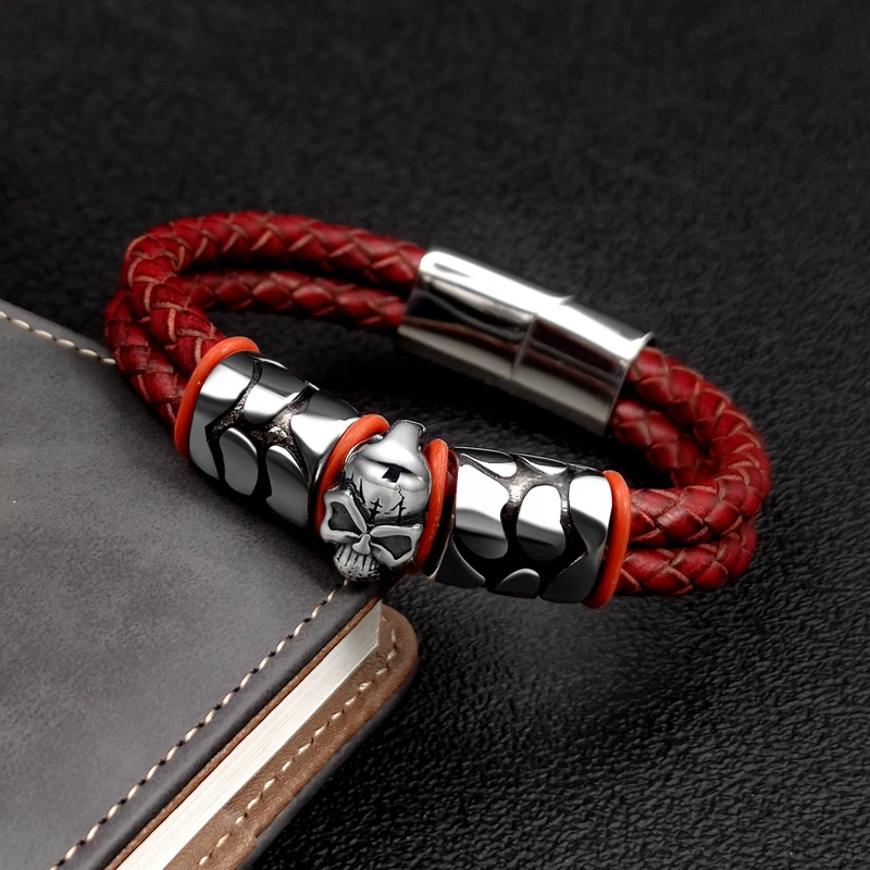 Pop Bohemian Style 316 Stainless Steel Men's Bracelet Ghost Head Accessories Woven Wine Leather Woman Bracelet 7 Day Delivery