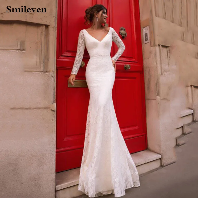 

Smileven Lace Mermaid Wedding Dresses Lone sleeve Sexy V Neck Bride Gowns vestido de casamento Boho Wedding Gowns