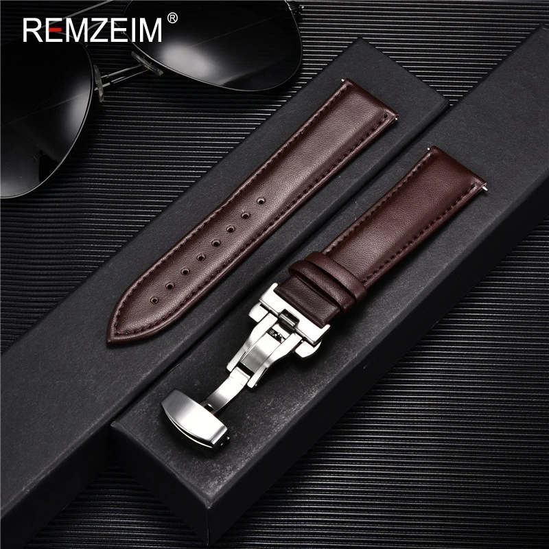 REMZEIM Leather Watchband Strap 18/20/22/24MM Calfskin Watch Band Stainless Steel Buckle Watch Accessories Black Brown