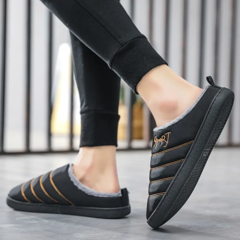 Men's Slippers for home 2020 Winter Non Slip Plush Warm Male House Shoes Stripe Unisex Indoor plus size 36-47