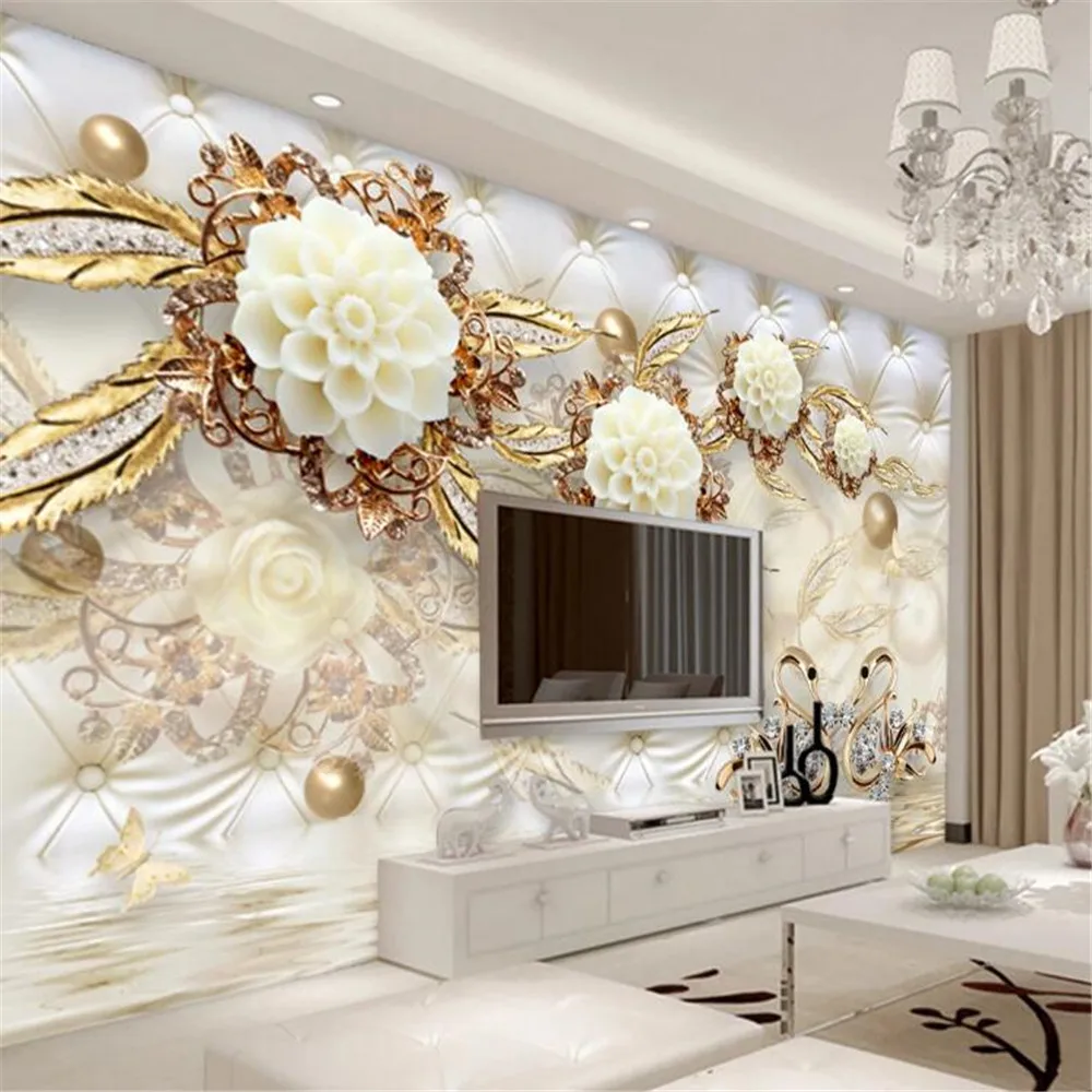 Mlofi custom personality wallpaper mural luxury golden white flower soft bag round ball jewelry TV background wall