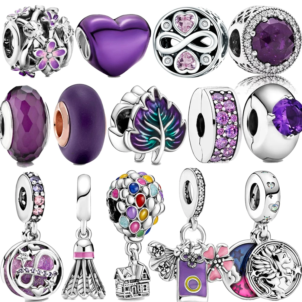 S925 Sterling Silver Purple Daisy Murano Beaded Night Sky Star Dangle Charm Fits DIY Bracelet DIY Luxury Silver Girl Jewelry